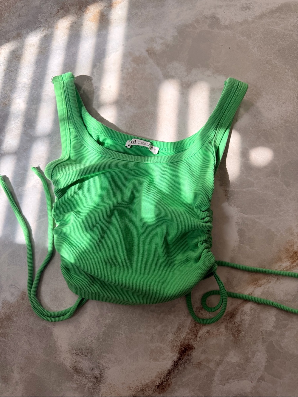 Zara Neon Green Ribbed Drawstring Crop Top